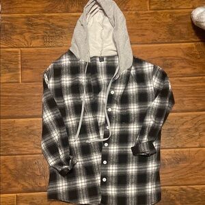 SHEIN Black and White Plaid Shirt with Gray Hood